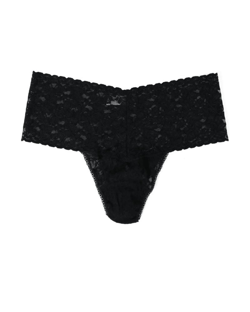 Front of a size one-size-fits-all RETRO LACE PLUS THONG in BLAC-BLACK by Hanky Panky. | dia_product_style_image_id:272460